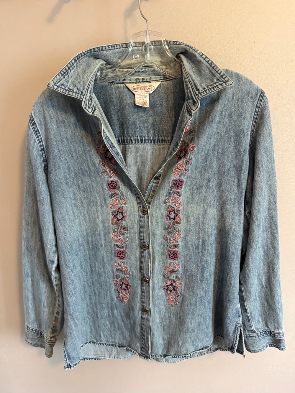 Northern Reflections Floral Embroidered Denim Shirt Button Down Acid Wash Small